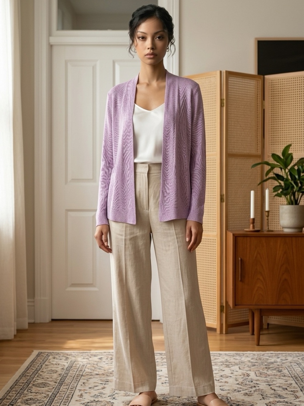 Eileen Fisher Organic Linen Open-Front Baby Rib Knit Cardigan Sweater Women's M
